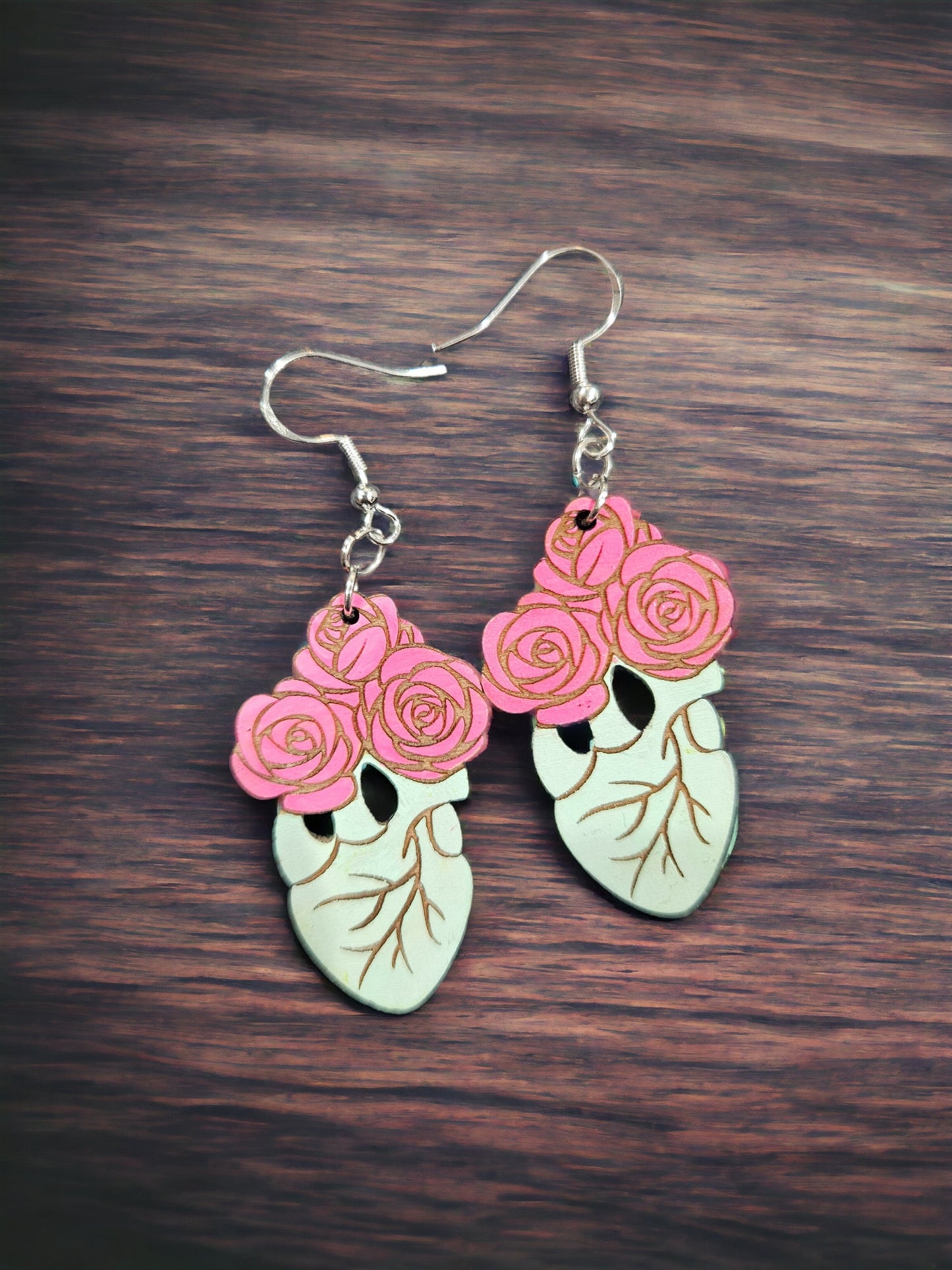 HEART ROSES | Dangle Earrings - heart earrings, floral earrings, rose earrings, nurse, doctor