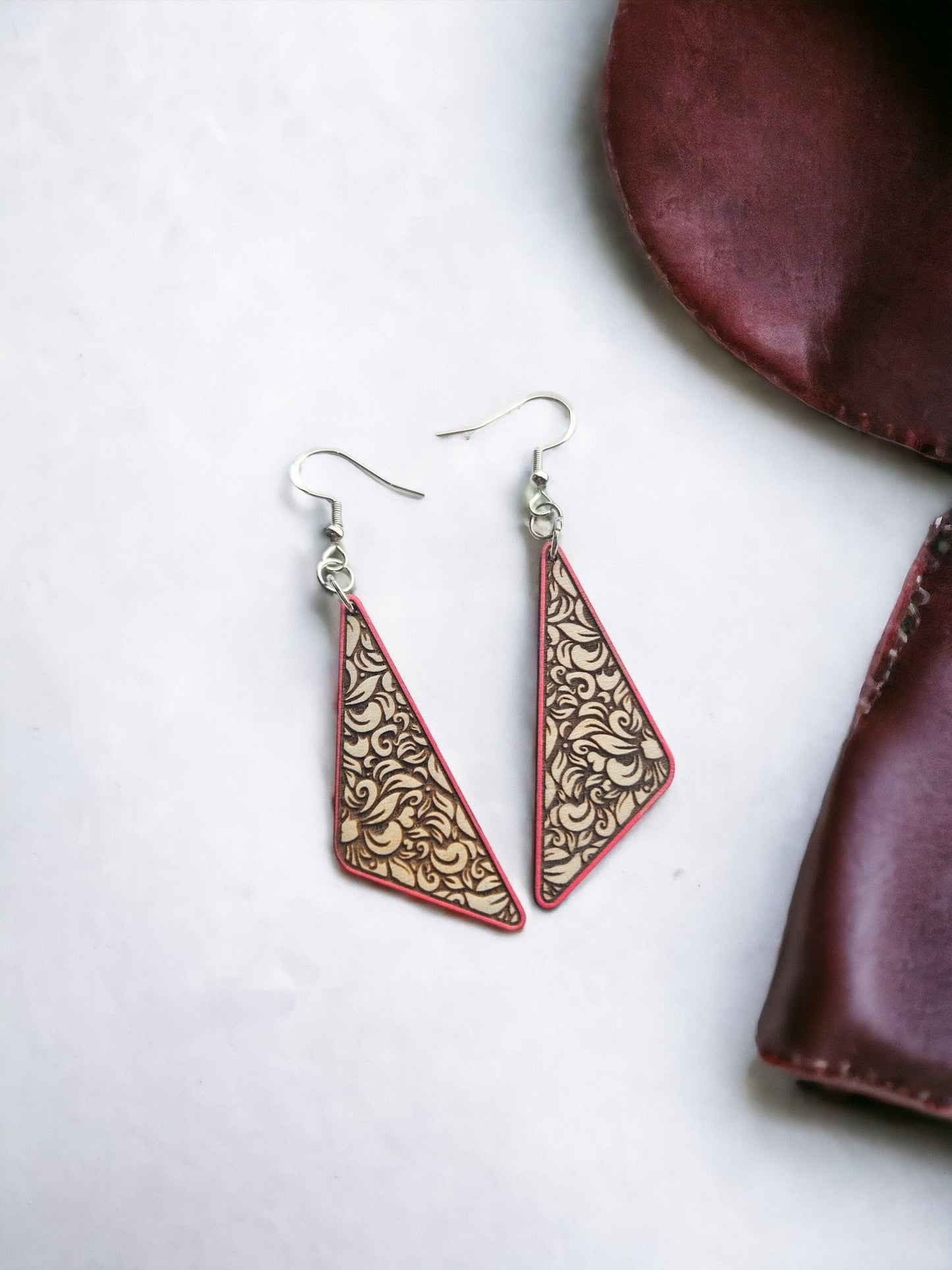 Faux TOOLED LEATHER WOODEN | Dangle Earrings