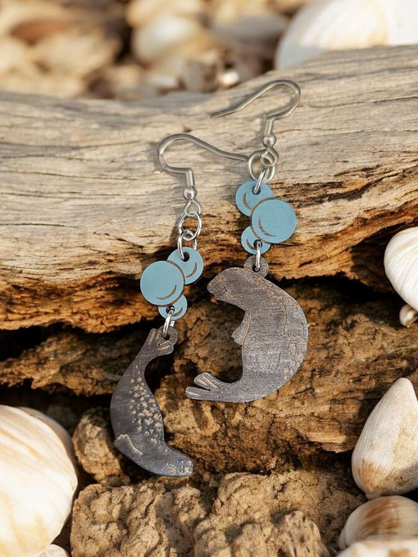 PLAYFUL SEAL BUBBLE | Dangle Earrings - seal, bubbles, ocean-inspired, beach gift, Alaska gift, arctic mammal, unique