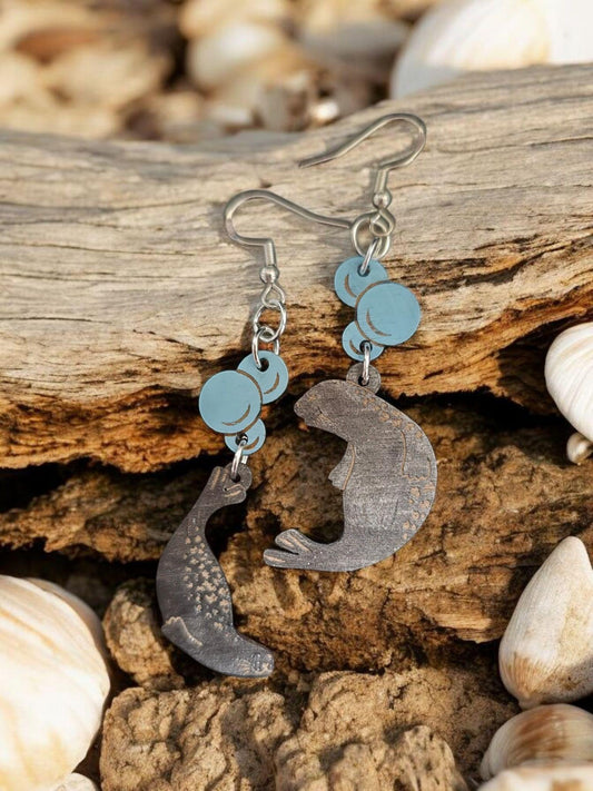 PLAYFUL SEAL BUBBLE | Dangle Earrings - seal, bubbles, ocean-inspired, beach gift, Alaska gift, arctic mammal, unique