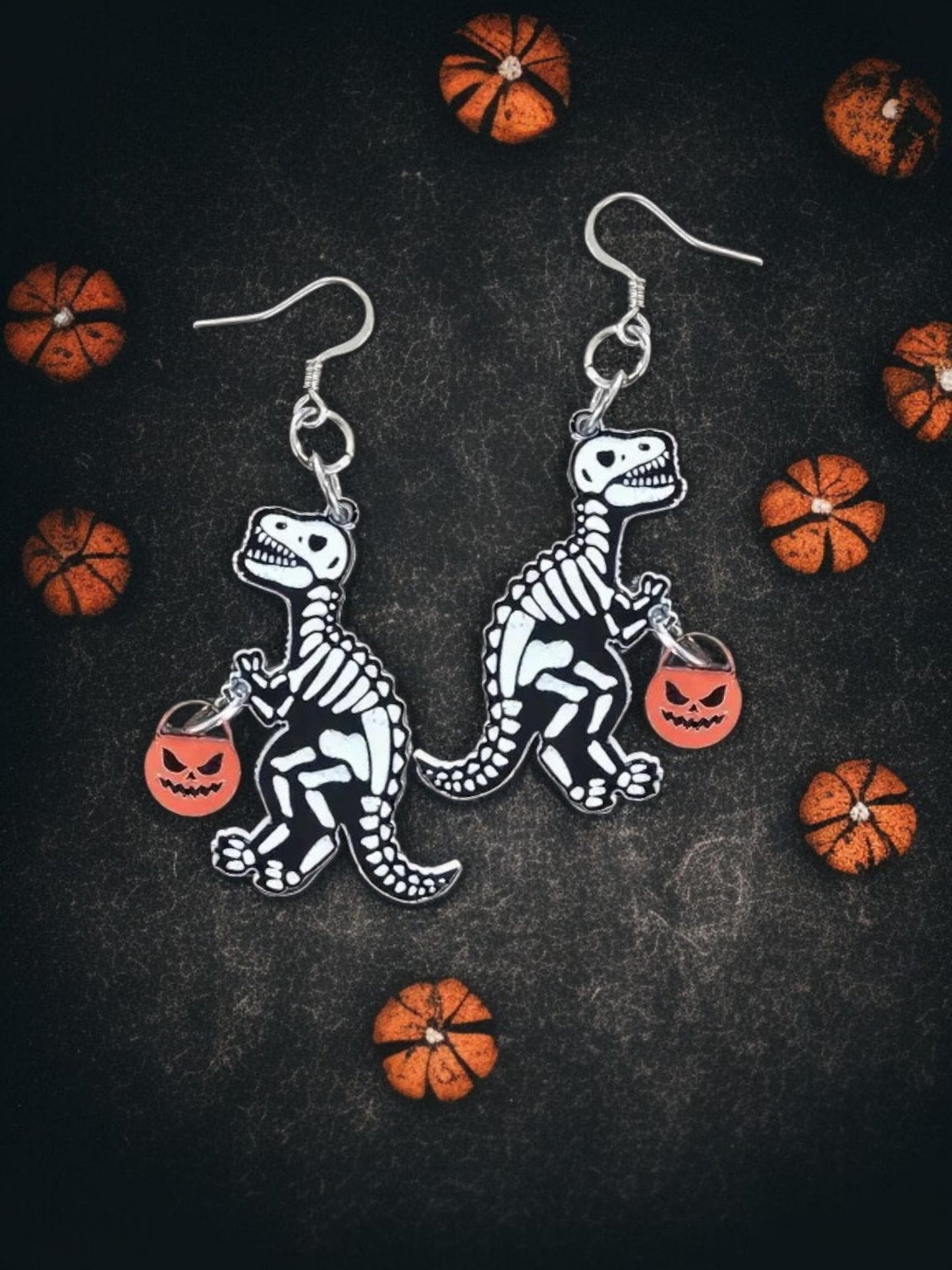 SKELETON DINOSAUR | Dangle - Halloween earrings, dinosaur, T-rex, trick-or-treat