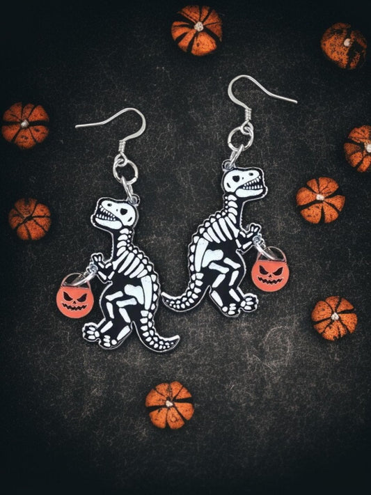 SKELETON DINOSAUR | Dangle - Halloween earrings, dinosaur, T-rex, trick-or-treat