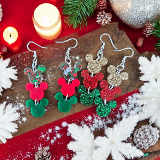 CHRISTMAS MOUSE TRIO | Dangle - Christmas earrings, mouse earrings, Christmas mouse, acrylic earrings, holiday earrings