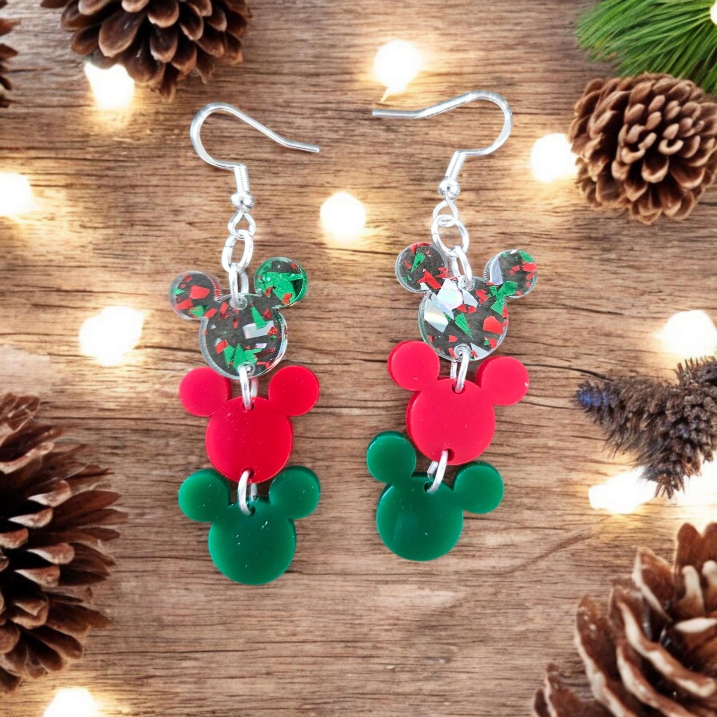 CHRISTMAS MOUSE TRIO | Dangle - Christmas earrings, mouse earrings, Christmas mouse, acrylic earrings, holiday earrings
