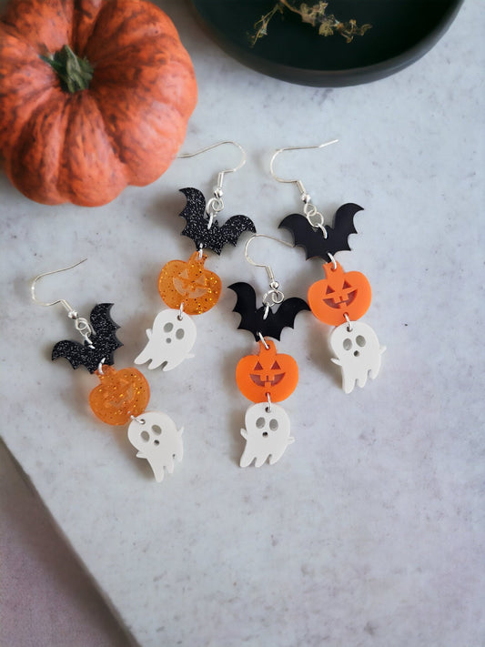 HALLOWEEN TRIO Earrings - Halloween earrings, bat earrings, pumpkin earrings, ghost earrings, Halloween party, fall earrings