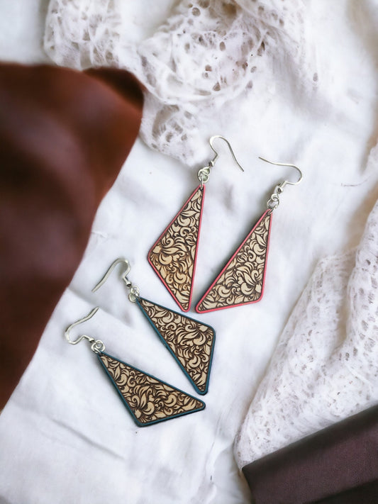 Faux TOOLED LEATHER WOODEN | Dangle Earrings