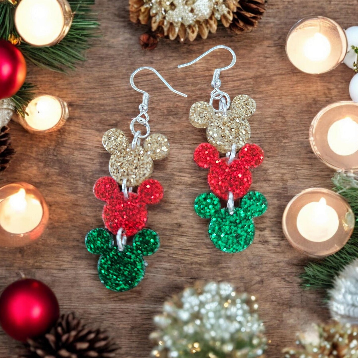 CHRISTMAS MOUSE TRIO | Dangle - Christmas earrings, mouse earrings, Christmas mouse, acrylic earrings, holiday earrings