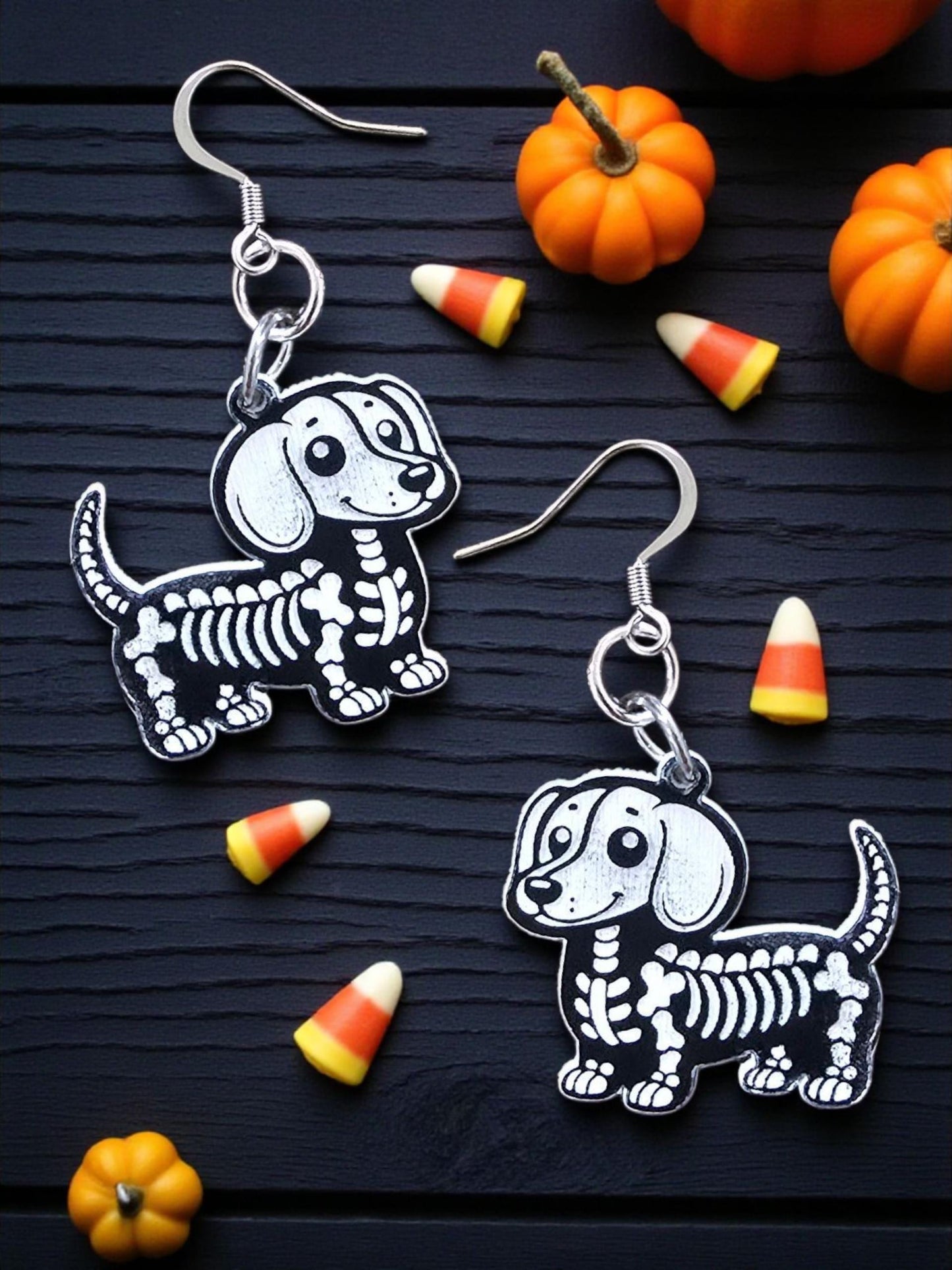 SKELETON DOG | Dangle - Halloween earrings, dachshund, wiener dog, fall