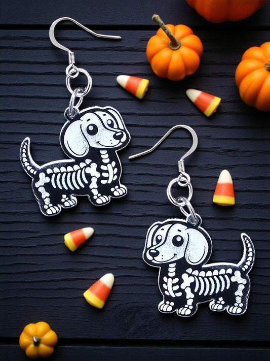 SKELETON DOG | Dangle - Halloween earrings, dachshund, wiener dog, fall